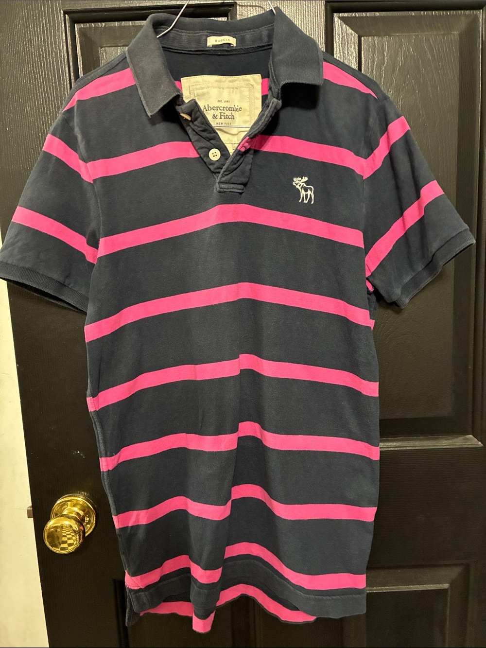 Abercrombie & Fitch Navy and Hot Pink Striped Men’s Polo